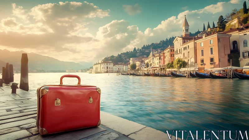 Red suitcase rests beside sunlit canal in old waterfront town