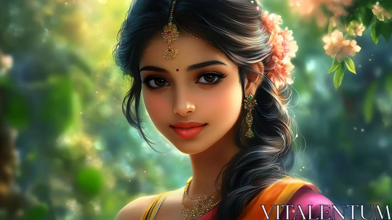 Elegant Indian Woman in Traditional Attire, Digital Art Portrait.