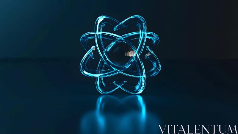 Glowing Blue Atom Illustration on Dark Futuristic Background.