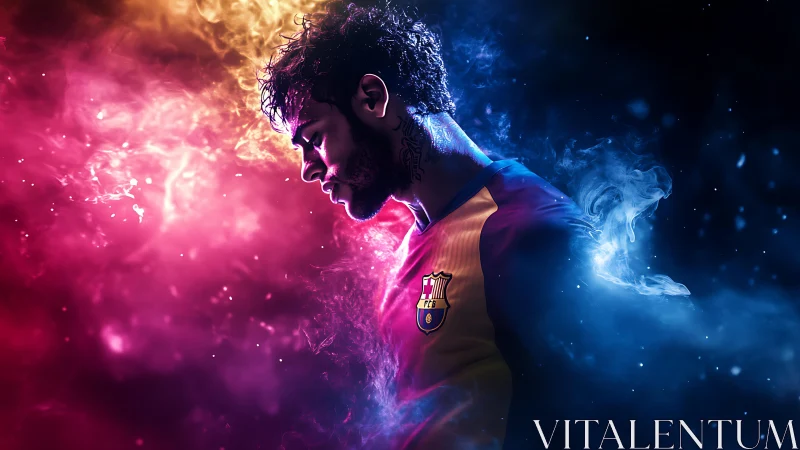 Bicolor energy portrait of footballer in vaporous neon clouds