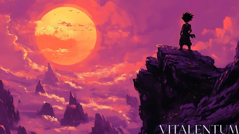 Solitary warrior overlooks molten sunset cloud sea.