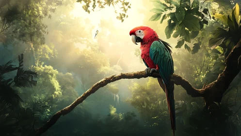 Scarlet parrot perched on branch in lush sunlit jungle.