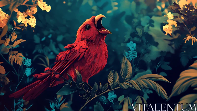 Crimson songbird spills glowing notes into twilight jungle