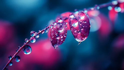 Macro raindrops cling to neon pink leaves in bokeh glow.
