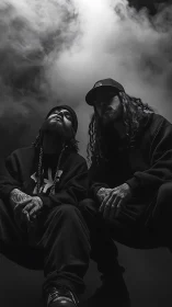 Two hooded figures in low angle studio portrait with smoke.