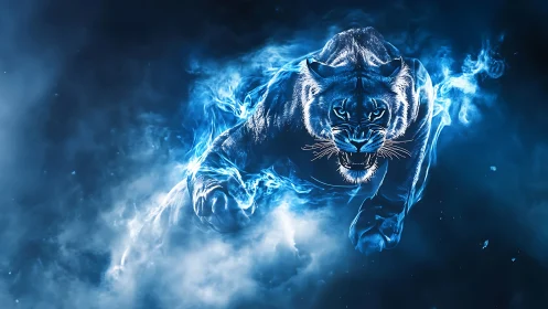 Primal spectral panther charging through electric blue haze.
