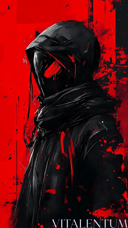 Hooded shadowed figure emerges against violent red void.