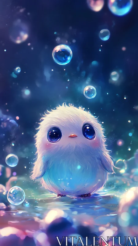 Small fluffy bird stands among glowing floating bubbles