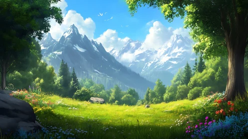 Sunlit mountain meadow opening onto bright alpine peaks.