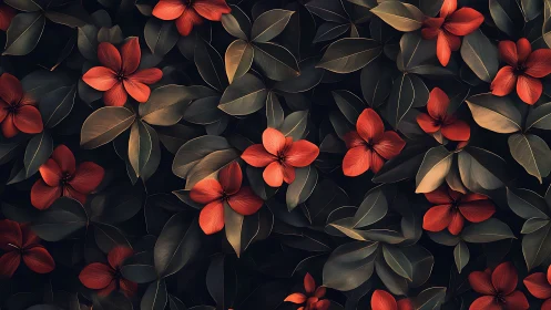 Red tropical flowers cluster against dark glossy foliage