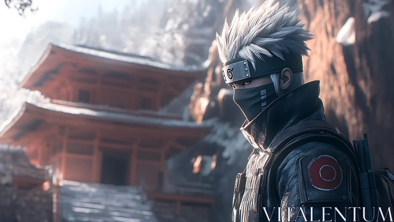 Masked silver-haired ninja before snow-covered wooden temple.