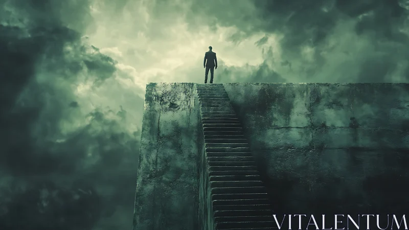 Solitary figure stands atop ominous concrete stairway edge.