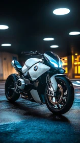 Photorealistic BMW concept motorcycle in neon-lit urban tunnel.