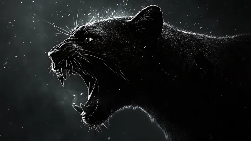 Black panther displaying threat display in rain.