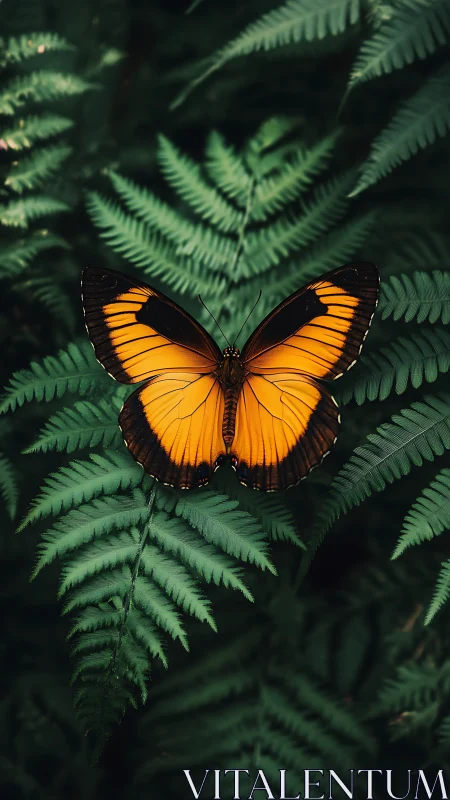 Orange butterfly resting on green fern foliage overhead.
