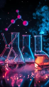 Glowing science lab beakers in dreamy neon colors at night.