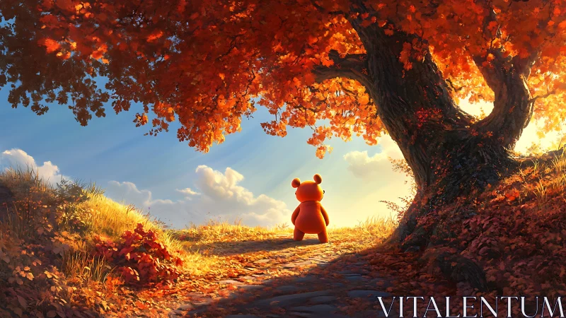 Autumn-lit bear silhouette under glowing maple canopy.