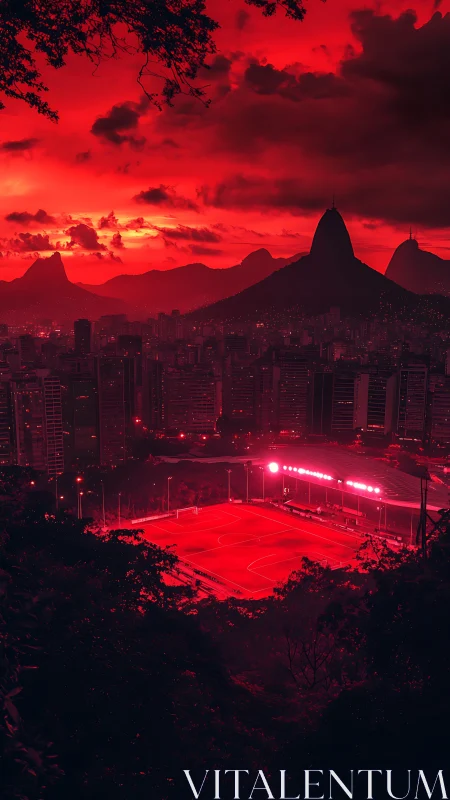 Red-illuminated urban stadium beneath silhouetted mountains at dusk