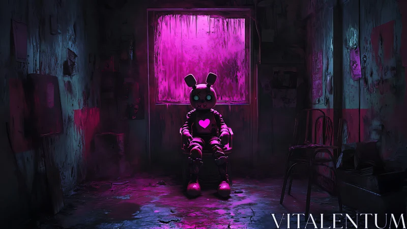 Robot bunny idol glows in neon heartlit ruin.