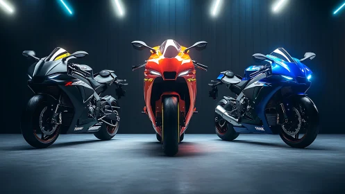Three sport motorcycles stand under neon lights in a sleek studio