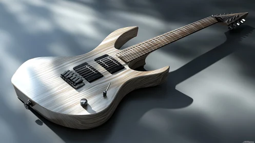 Electric guitar rests in soft light with sleek modern poise