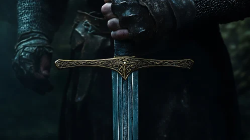Armored gauntlet gripping ornate golden crossguard longsword.