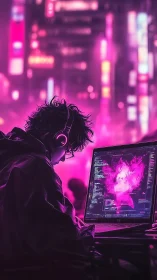 Cyberpunk coder at neon workstation, high-contrast digital painting.