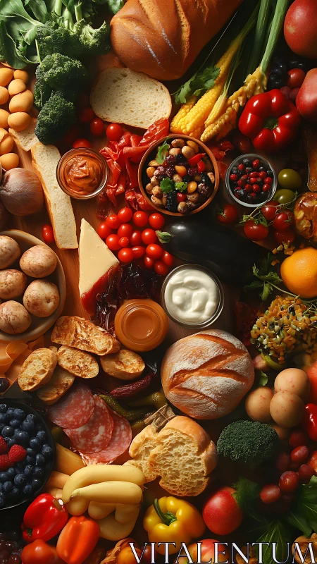 Top-down rustic spread of mixed fresh produce and breads