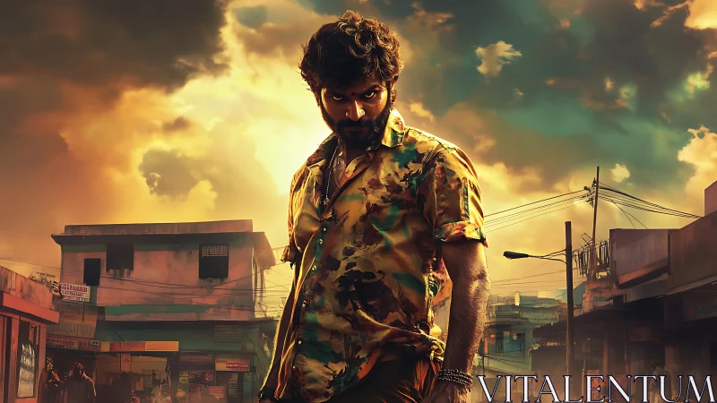 Defiant street warrior under blazing cinematic sunset sky.