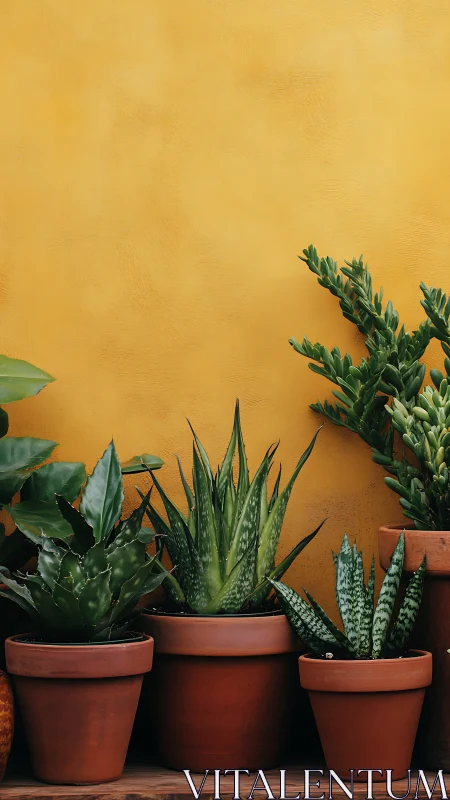 Succulent container arrangement against textured ochre plaster wall