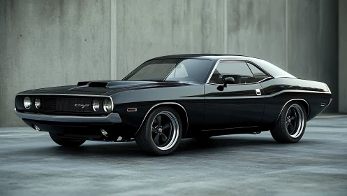 Black classic muscle car sits in a minimal concrete setting