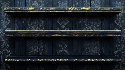 Dark wooden wall shelves carry distressed gold baroque trim
