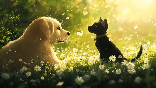 Sunlit meadow pause with puppy, kitten and drifting light.