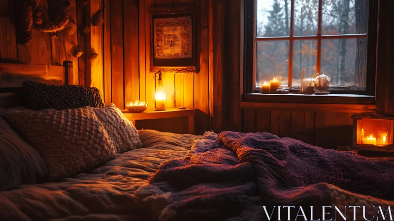 Cozy wooden cabin bedroom shows warm candlelit evening scene
