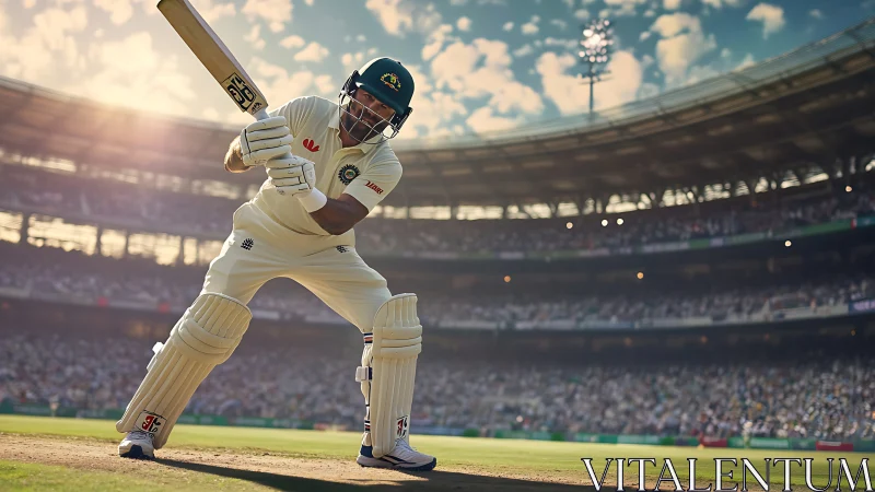 Low-angle cricket batsman in dynamic stadium composition.