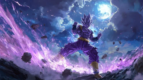 Celestial warrior channels violet energy beneath full moon