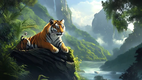 Gentle jungle tiger resting above a misty river valley.