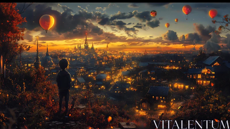 Nocturnal hillside overlook with illuminated steampunk metropolis.