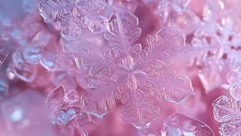 Macro crystalline snowflake geometry on rose-tinted ice field.