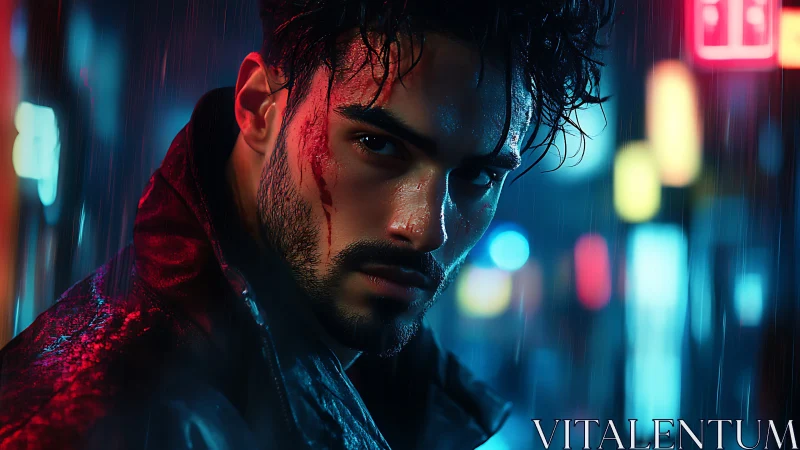Rain-slicked vigilante stalks neon alleys with wounded glare.