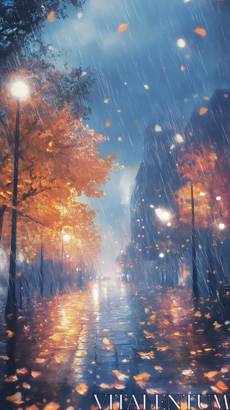 Rain-swept autumn boulevard under glowing streetlights at dusk.