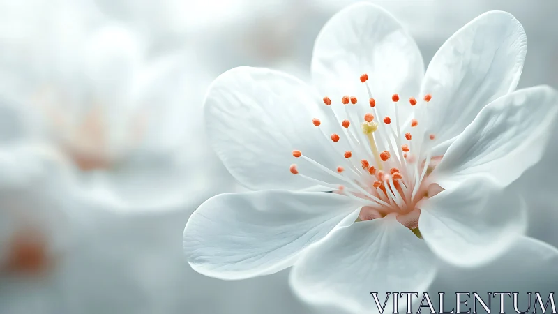 White Flower Bloom with Coral Stamens Close-up