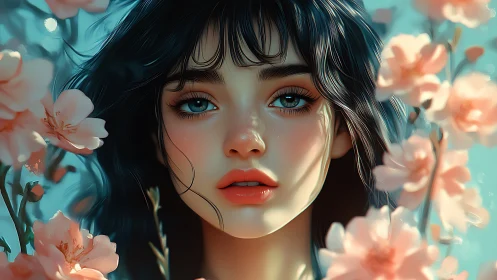 Hyper-detailed stylized portrait renders soft bokeh florals and glossy skin
