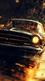 Classic black car races through heavy night rainstorm.