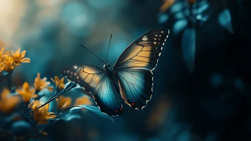 Macro study of butterfly wing iridescence in teal–amber bokeh field