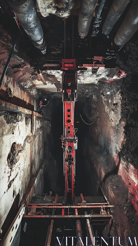 Underground red machinery carving a hidden urban passageway.