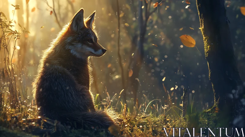 Solitary fox rests in golden forest light at quiet dusk