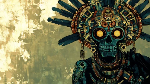 Skull figure wears ornate feathered headdress with glowing eyes
