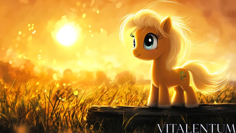 Golden cartoon pony stands in glowing sunset field