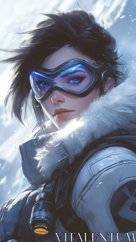 Arctic-eyed explorer gazes through glowing frostlit goggles.